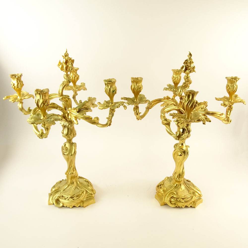 Pair 20th Century gilt bronze rococo 4 light candelabra. Unsigned. Small crack to one arm - Image 2 of 4