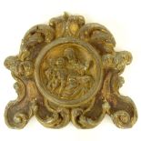 19th Century Probably Italian Carved Parcel Gilt Wood Madonna and Child Wall Bracket. Unsigned.