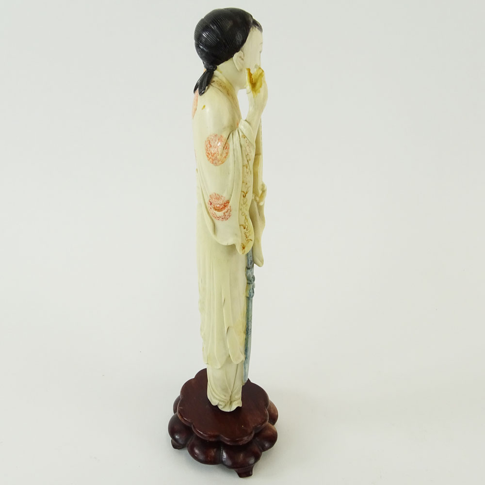 Chinese Carved Polychrome Ivory Maiden Figure on Carved Wood Base. Unsigned. Small losses / damages. - Image 3 of 6