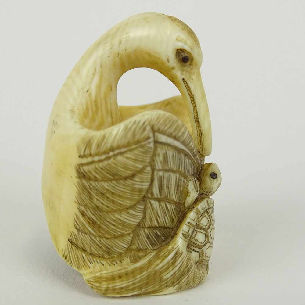 Early 20th Century Japanese Baisho Shop Carved Netsuke In The Form of a Stork and Turtle. Finely - Image 4 of 8