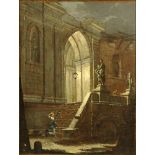 Luca Carlevariis, Italian (1663-1729) Oil on Canvas, Woman in Despair at Stairs. Signed?. Small