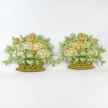 Pair of Vintage Painted Tole Floral Basket Wall Appliques. Unsigned. Good condition. Measures 16"