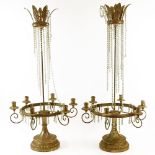Pair of Early 20th Century Louis XVl Style Carved Gilt wood and gilt tole six (6) light crystal bead