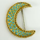 Vintage 14 Karat Yellow Gold and Turquoise Crescent Moon Brooch. Unsigned. Good vintage condition.