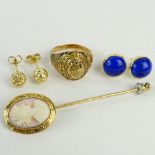 Lot of Miscellaneous Gold Jewelry. Includes: pair of 14K Lapis cabochon earrings; 10K cameo stick