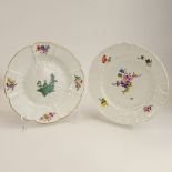 Lot of Two (2) antique hand painted porcelain dishes. Bears "crossed sword" marks. Wear, rubbing.