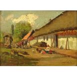 Early 20th Century Hungarian School Oil on Board "Village Scene" Signed lower right. Gallery tags en