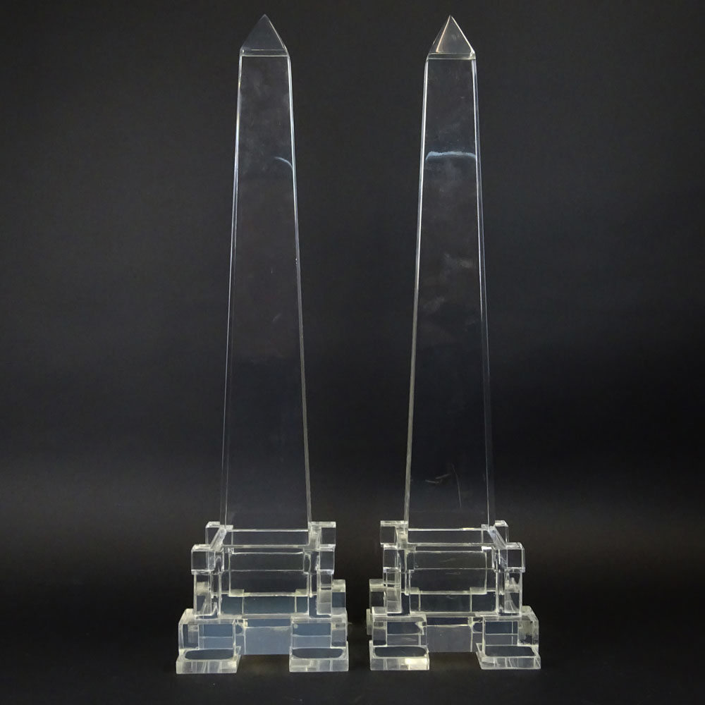 Attributed to: Charles Hollis Jones pair of Lucite Obelisks. Unsigned. Light scratches or in good