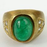 Men's Vintage Cabochon Emerald, Round Cut Diamond and 18 Karat Yellow Gold Ring. Emerald measures