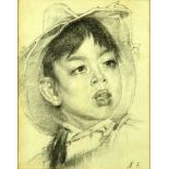 attrib: Nikolai Fechin, Russian (1881-1955)  Pencil drawing "Young Boy In Hat" Monogramed NF lower