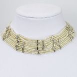 18 Karat White Gold and 10 Strand White Pearl Choker Necklace accented with small round cut