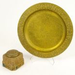 Two (2) Tiffany Studios Bronze Items. Includes an inkwell and a plate. Signed. Typical wear and
