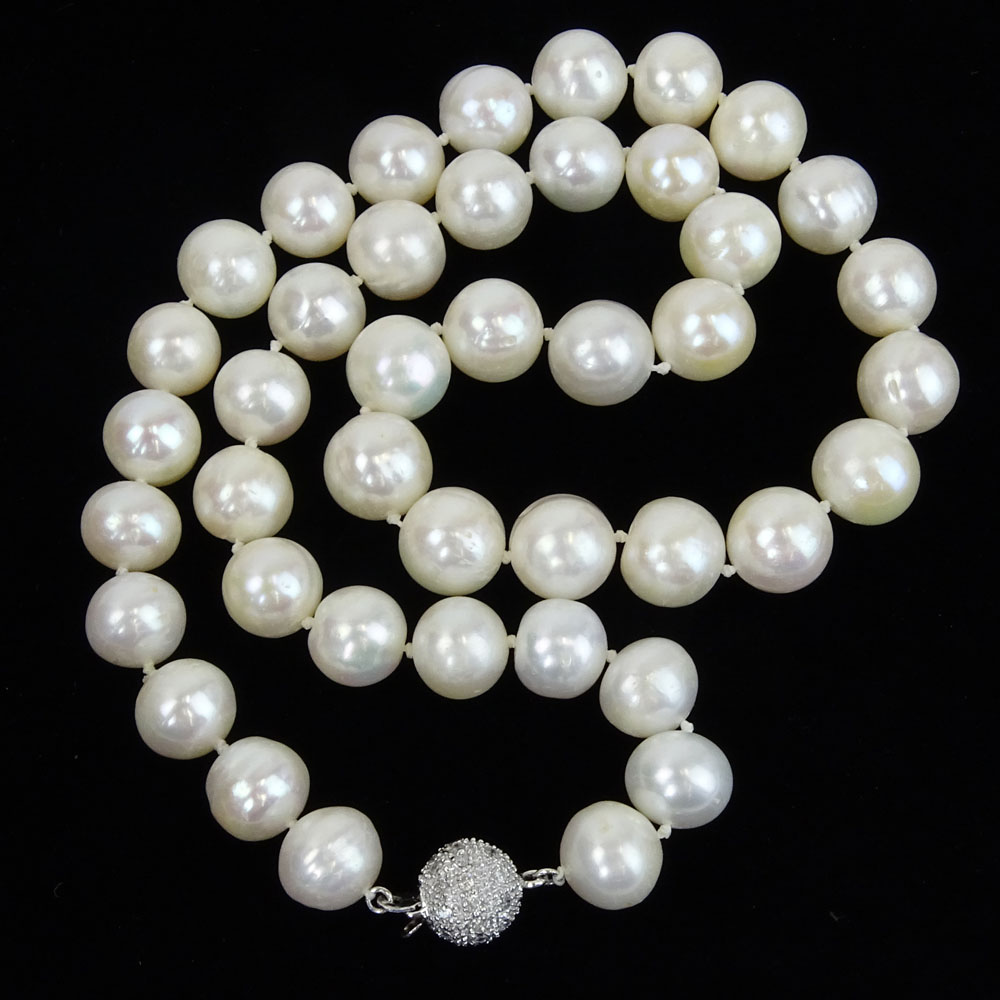 Lady's White Pearl Necklace with Diamond and 14 Karat White Gold Clasp. Pearls measure 9mm each. - Image 2 of 5