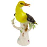 Antique Meissen Hand Painted Porcelain Yellow Bird Figurine. Signed with blue crossed sword mark.