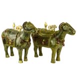 Pair of Vintage Large Decorative Jade Veneer Water Buffalo Container Figures. The saddles, with