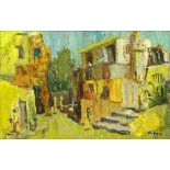 Jehuda Rodan, Israeli  (1916-1985) Oil on masonite "Israeli Street Scene" Signed lower right. Good