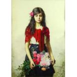 Antique Russian watercolor on paper "Girl With Boquet". Signed Harlamoff. Light creases or in good