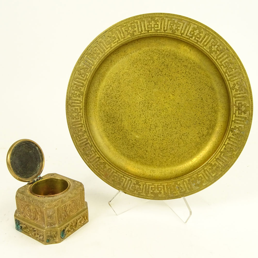 Two (2) Tiffany Studios Bronze Items. Includes an inkwell and a plate. Signed. Typical wear and - Image 3 of 5