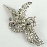 Antique Approx. 7.0 Carat Round Cut Diamond and Platinum Bird Brooch. Diamonds F-G color, VS-SI