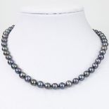 Lady's Black Pearl Necklace with Diamond and 14 Karat White Gold Clasp. Pearls measure 7-9mm each.