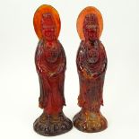Pair of Vintage Carved Amber Deity Figurines. Unsigned. Edge chips or in good condition. Measures