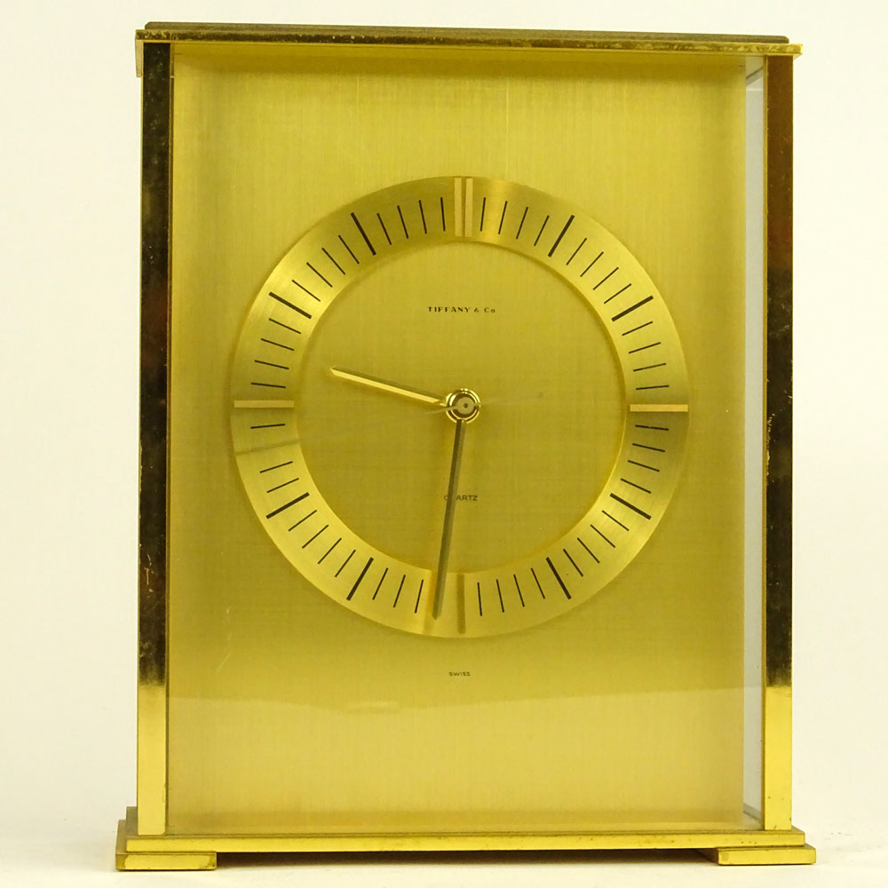 Tiffany & Co. Brass Quartz Clock. Signed Tiffany & Co. Swiss, 2048. Wear to case. Back knob needs to - Image 2 of 6