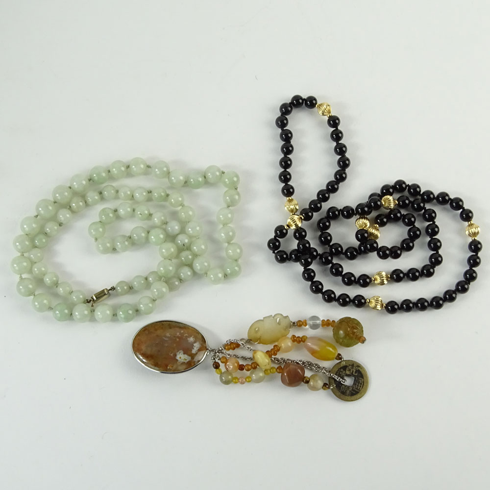 Lot of Three (3) Semi-precious stone Necklaces and Brooch. Includes a jade beaded Necklace, 14" L, - Image 3 of 5