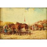 Early 20th Century Hungarian School Oil on Board "Harvest" Signed lower left. Gallery tags en verso.