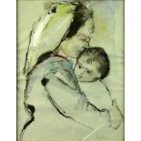 Jehuda Rodan, Israeli  (1916-1985) Watercolor "Mother and Child" Signed lower right. Creases, toning