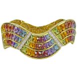 Heavy 18 Karat Yellow Gold, Rainbow Stone and Round Cut Diamond Cuff Bangle Bracelet. Unsigned. Very