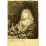 after: Rembrandt van Rijn, Dutch (1606-1669) Re-Strike etching. "Man at a Desk Wearing a Cross and a