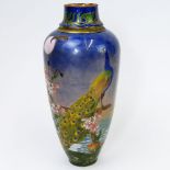 Vintage French Enamel Vase. Depicting a peacock motif. Unsigned. Ding to shoulder with cracks.