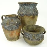Lot of 3 Domar Israeli Studio Pottery Vessels with Applied Silver Decoration. Signed Domar 925.