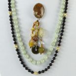 Lot of Three (3) Semi-precious stone Necklaces and Brooch. Includes a jade beaded Necklace, 14" L,