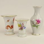 Collection of Three (3) Antique Meissen Hand Painted Porcelain Vases. Includes 9" baluster vase; 5-