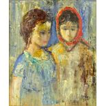 Jehuda Rodan, Israeli  (1916-1985) Oil on masonite "Two Children" Signed lower right. Good