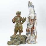 Lot of 2 Chinese Polychromed Carved Wood Figures. One a female deity, one a Manchurian. Unsigned.