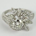 Lady's Vintage Diamond and 18 Karat White Gold Cluster Ring with Center Approx. .90 Carat Round