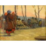 Early 20th Century Russian School Oil on Canvas "Villagers Walking" Signed and Dated Oct 7, 1916.