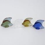 Collection of Four (4) Lalique Colored Glass Fish Figurines. Three in original bags and boxes.