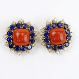 Pair of Coral, Round Cut Diamond, Sapphire and 14 Karat Yellow Gold Earrings. Sapphires with vivid