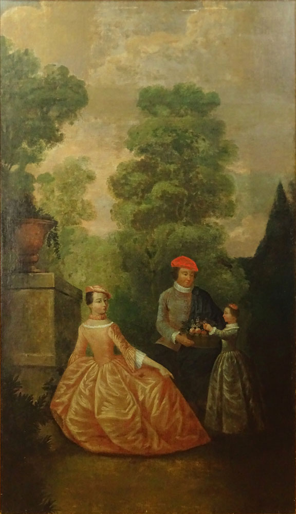 17th  Century Style French Boiserie Oil on Canvas. "Garden Landscape With Figures". Unsigned. Good