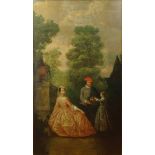 17th  Century Style French Boiserie Oil on Canvas. "Garden Landscape With Figures". Unsigned. Good