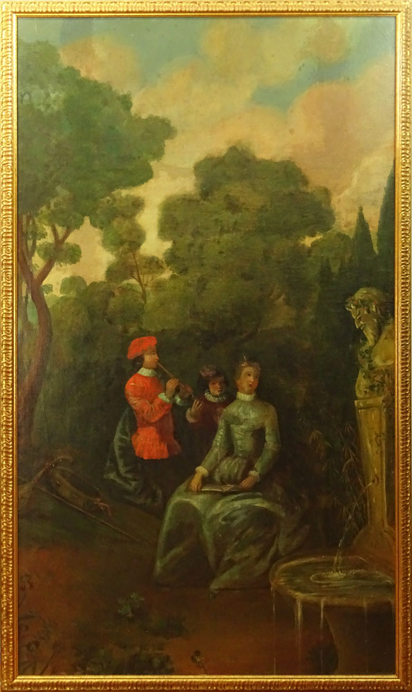 17th Century Style French Boiserie Oil on Canvas. "Garden Landscape With Figures" Unsigned. Good - Image 2 of 3