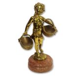 20th Century Bronze Sculpture on Marble Base "Boy with Baskets". Unsigned. Good Condition.