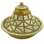 Vintage Moroccan Brass and Inlaid Bone Tagine. Unsigned. Wear, rubbing. Measures 7-1/4" H x 10-1/