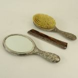 3 Piece Sterling Vintage Vanity Set, Including Hand Mirror, Comb and Brush. Signed. Good