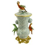 Modern Bronze Mounted Sevres Covered Urn With Relief Bird Decorations. Signed to base. Minor