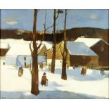 Jean-Claude Bourgeois (20th C) Oil on canvas "Winter Village" Signed lower left. Good Condition.