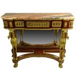 Modern Bronze Mounted Mahogany Marble Topped Console. With mirrored panel to back and figural